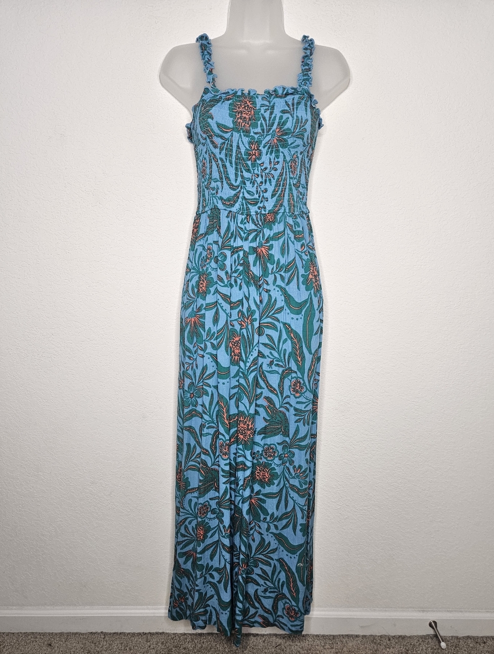 Patrons of Peace Boho Teal Floral Smocked Bodice Wide Leg Flowy Tank Jumpsuit S